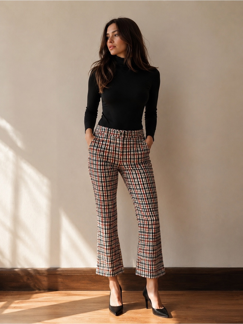 Cabi Plaid Cropped Flare Pants Size 0 Red Black Cream Stretch Career Trousers